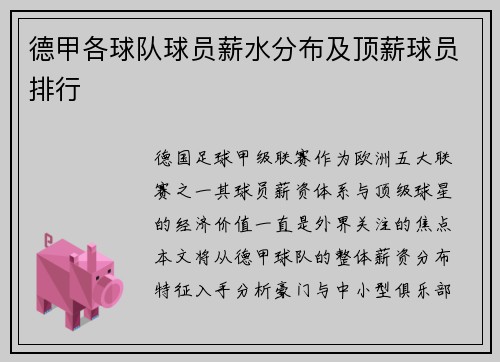 德甲各球队球员薪水分布及顶薪球员排行